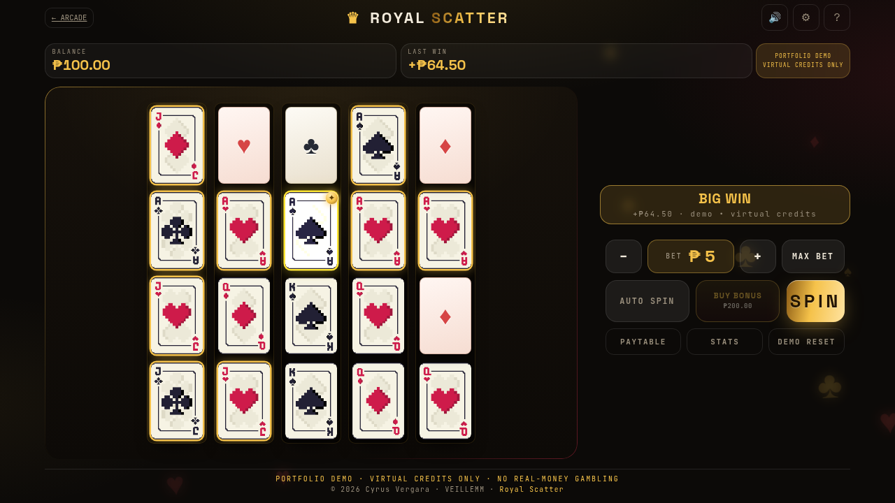 Royal Scatter — free card scatter slot demo with a 5×4 grid and a BIG WIN banner